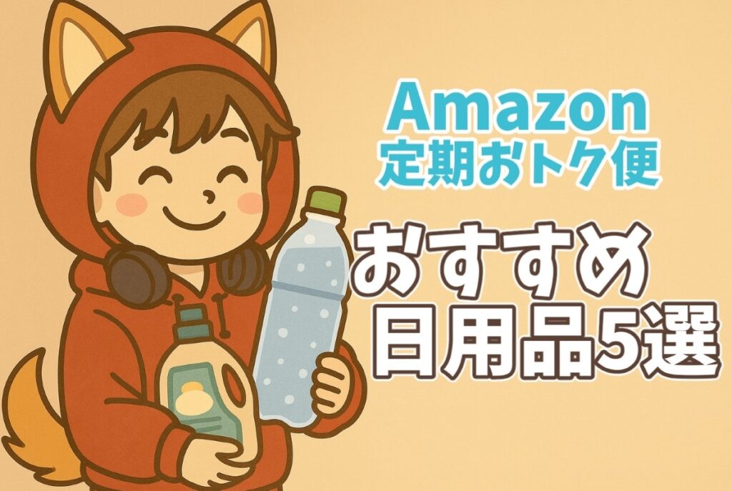 Amazon定期おトク便で買ってよかった日用品5選を紹介するアイキャッチ。柴犬風パーカーを着たキャラが洗剤と炭酸水を持って微笑んでいる