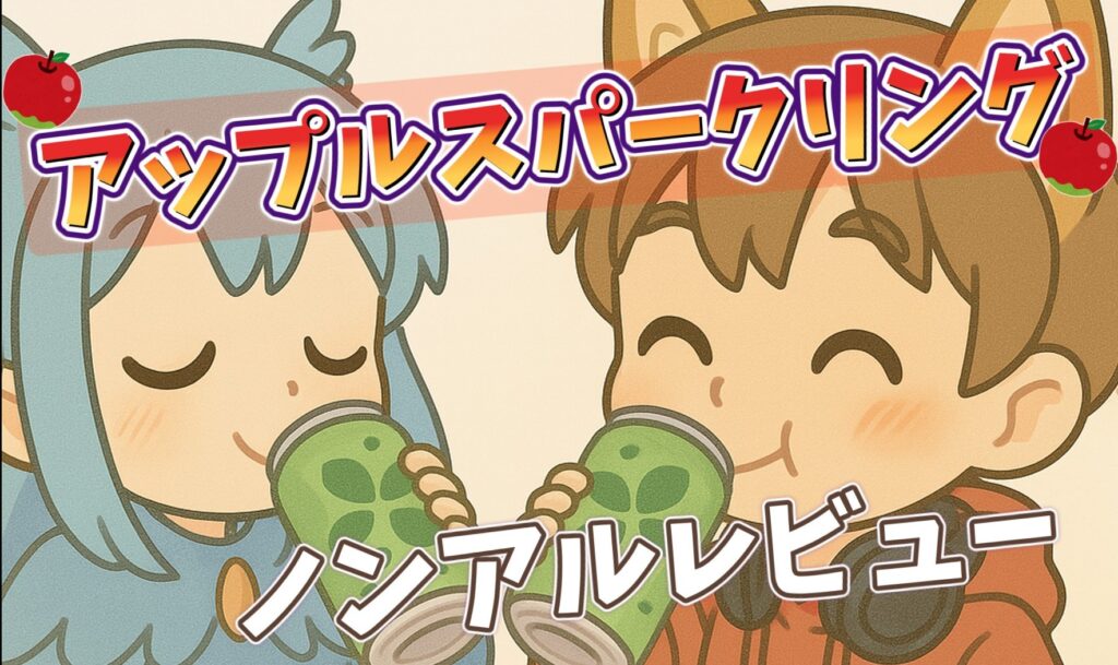 アップルスパークリングのノンアル缶で乾杯する柴犬耳の夫キャラと水色髪の妻キャラのイラスト